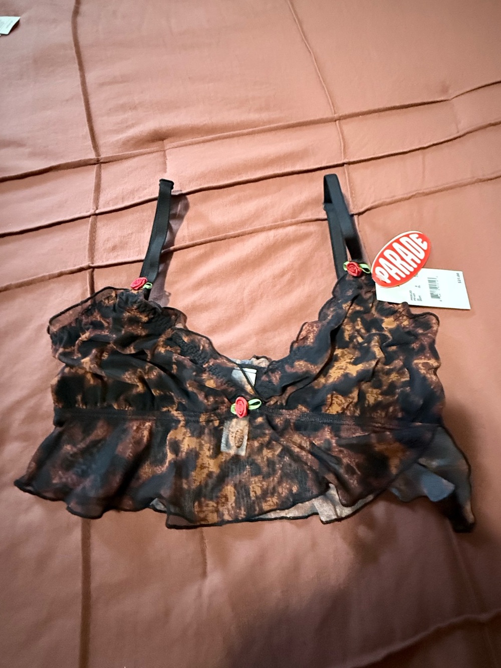 NWT Parade Floral-Trim Leopard-Print Bralette in Black and Brown